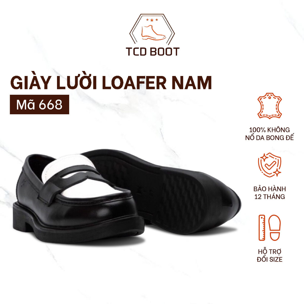 Giày Penny Loafer Phối Màu Đen Trắng, Giày Lười Da Cao Cấp Đế Cao Su 4cm - Xưởng Giày Chelsea Boot