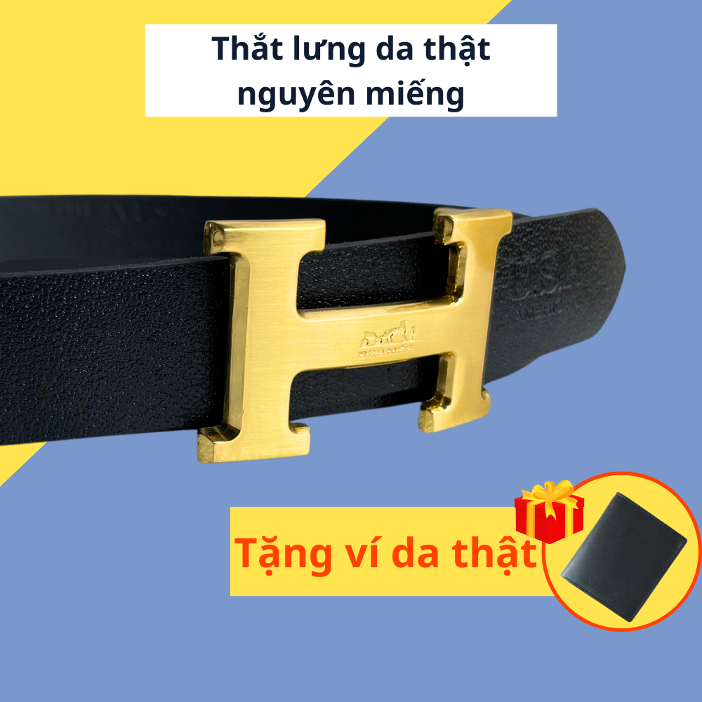 Thắt lưng da thật nguyên miếng khóa bấm thời trang chữ H