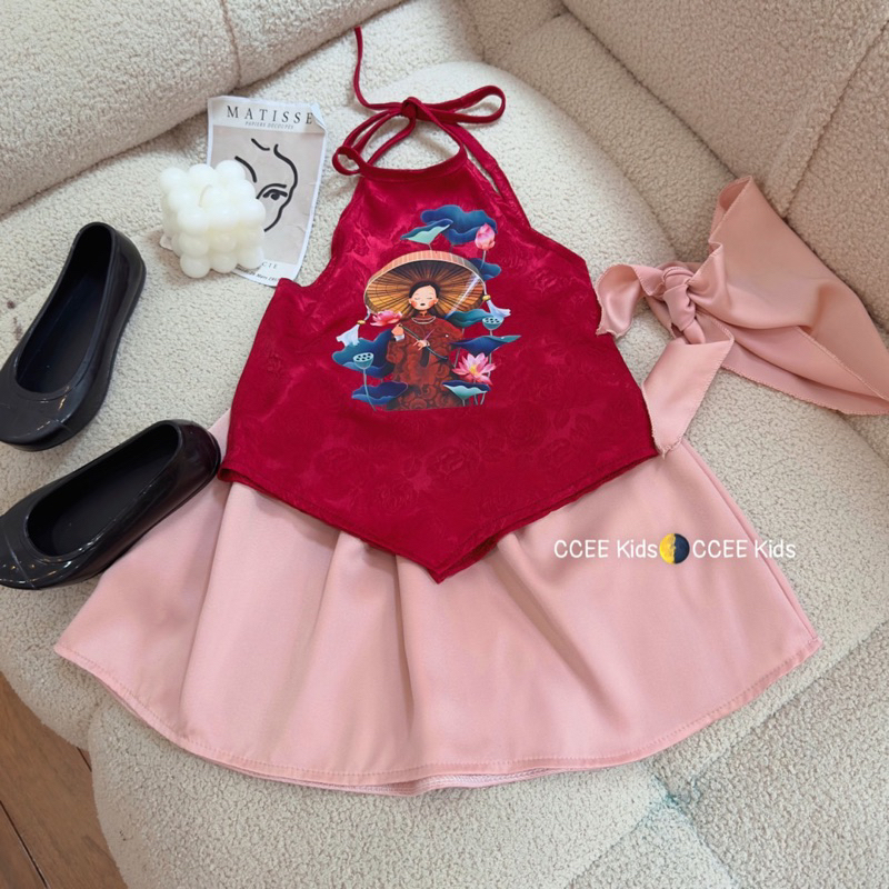 Set yếm chân váy kèm khăn đón Tết 3 màu cho bé gái