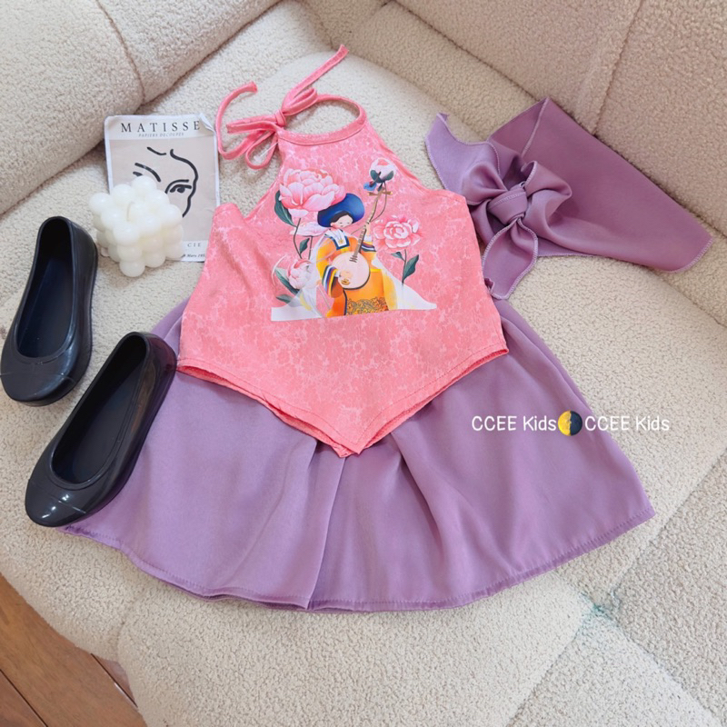 Set yếm chân váy kèm khăn đón Tết 3 màu cho bé gái