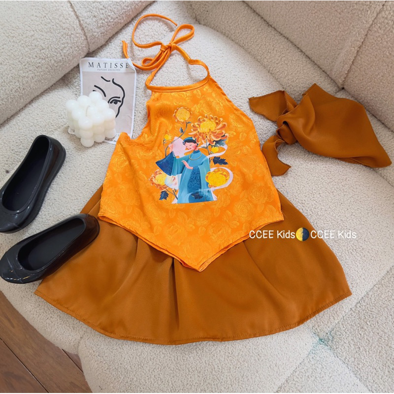 Set yếm chân váy kèm khăn đón Tết 3 màu cho bé gái