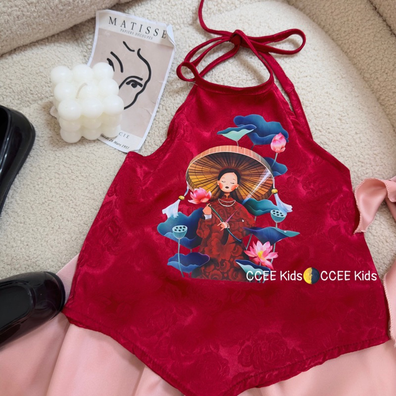 Set yếm chân váy kèm khăn đón Tết 3 màu cho bé gái