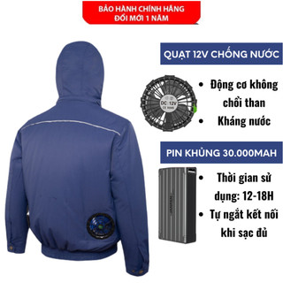 [ ÁO CÓ MŨ ] Áo điều hòa,Áo làm mát công nghệ Nhật Bản,Vải 100% cotton - [ Pin 30.000mah quạt 12V ] Tặng 2 túi đá khô