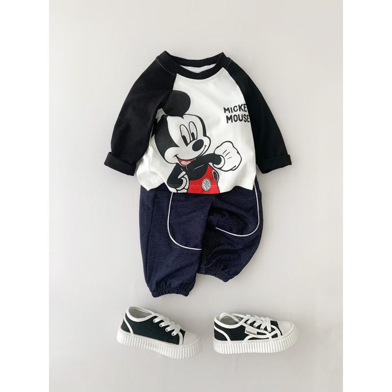 Set áo micky trắng phối tay đen mix quần giả bò cho bé trai
