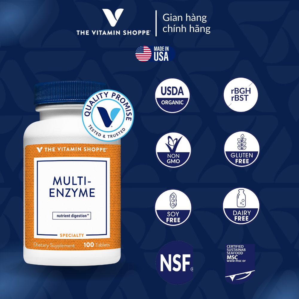 Men tiêu hóa hỗ trợ đường ruột The Vitamin Shoppe Multi-Enzyme 100 viên