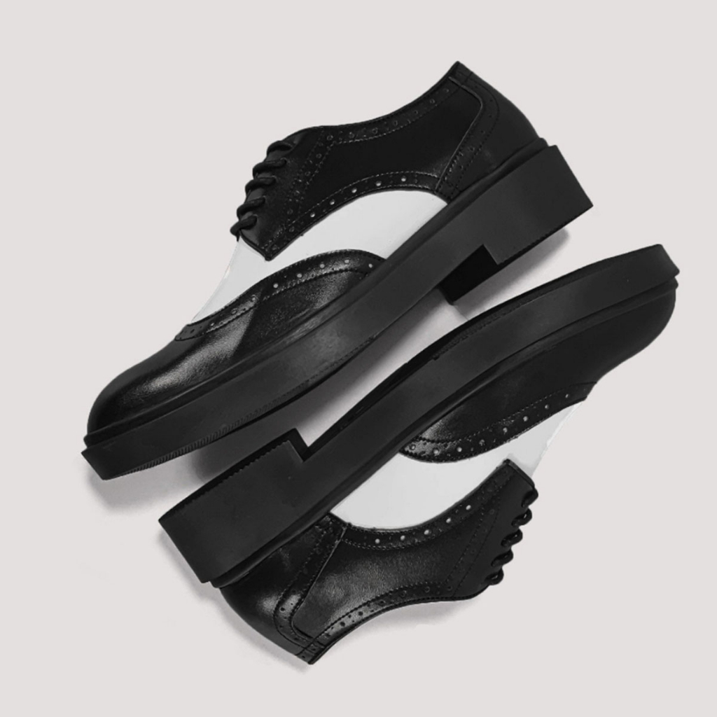 Giày Da Nam Phối Màu Đen Trắng Phong Cách, Giày Derby Wingtip Black White Cao Cấp - Xưởng Giày Chelsea Boot