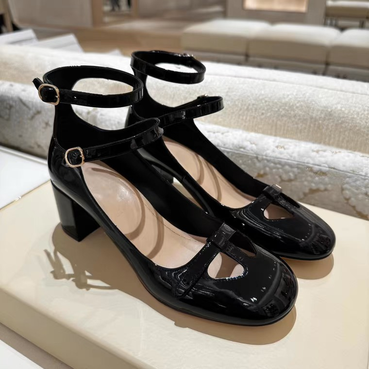 Giày Guốc Cao Gót Mary Jane Mũi Vuông Tròn Khuy Ngang Phối 2 Quai Cao 5cm Ailee