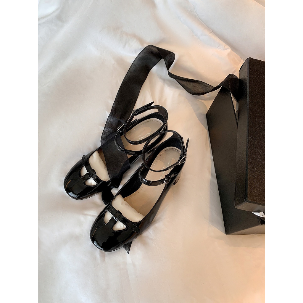 Giày Guốc Cao Gót Mary Jane Mũi Vuông Tròn Khuy Ngang Phối 2 Quai Cao 5cm Ailee