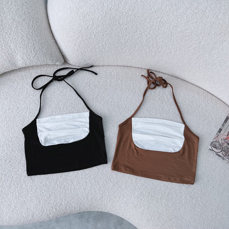 Áo croptop trắng đen cột dây