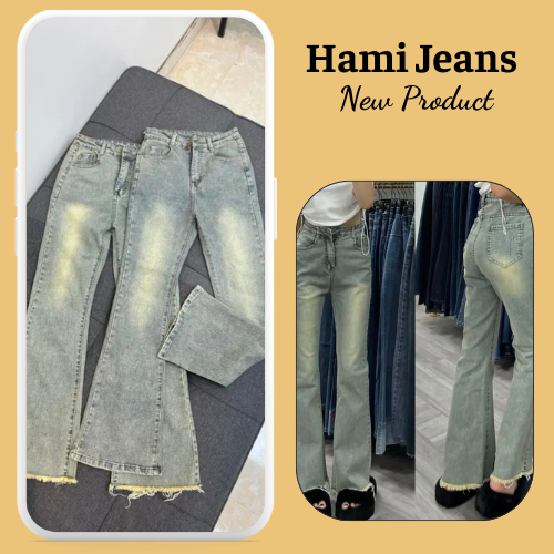 Quần Jeans Ống Loe Màu Bụi Co Giãn, Quần Bò Lưng Cao May Gấu Hot 2023