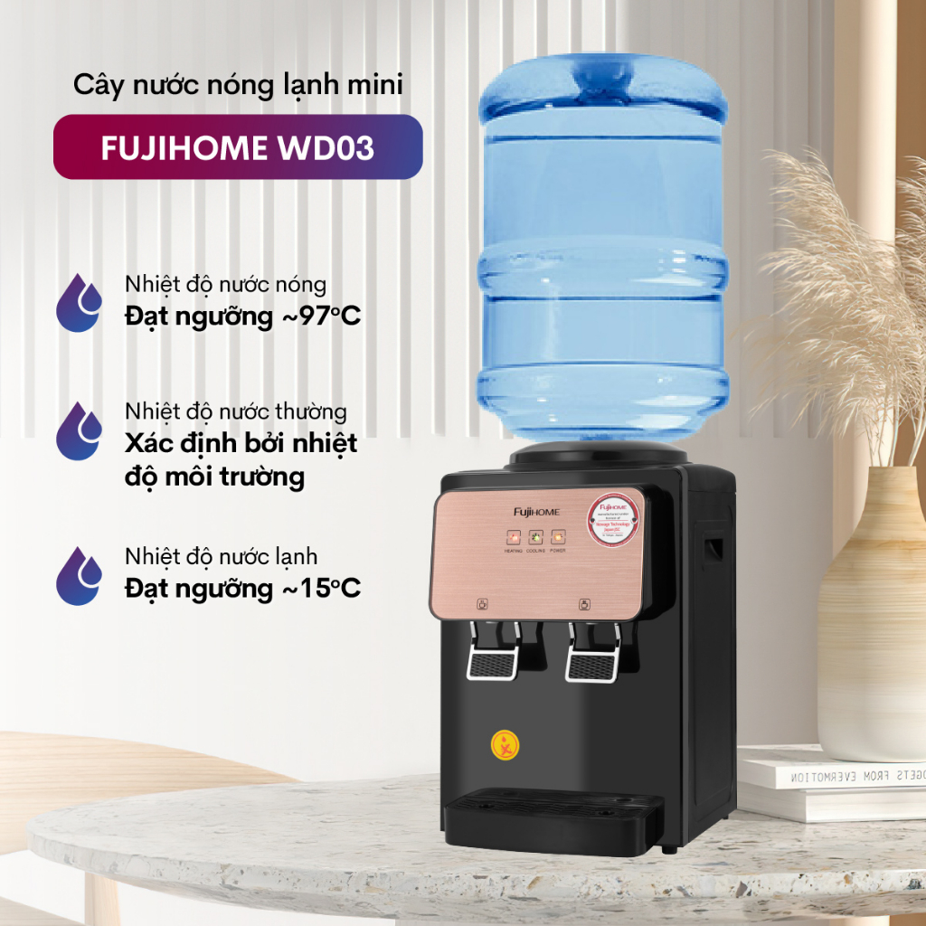 Cây nước nóng lạnh để bàn mini nhập khẩu FUJIHOME WD03E làm lạnh điện tử, làm nóng nhanh, tiết kiệm điện