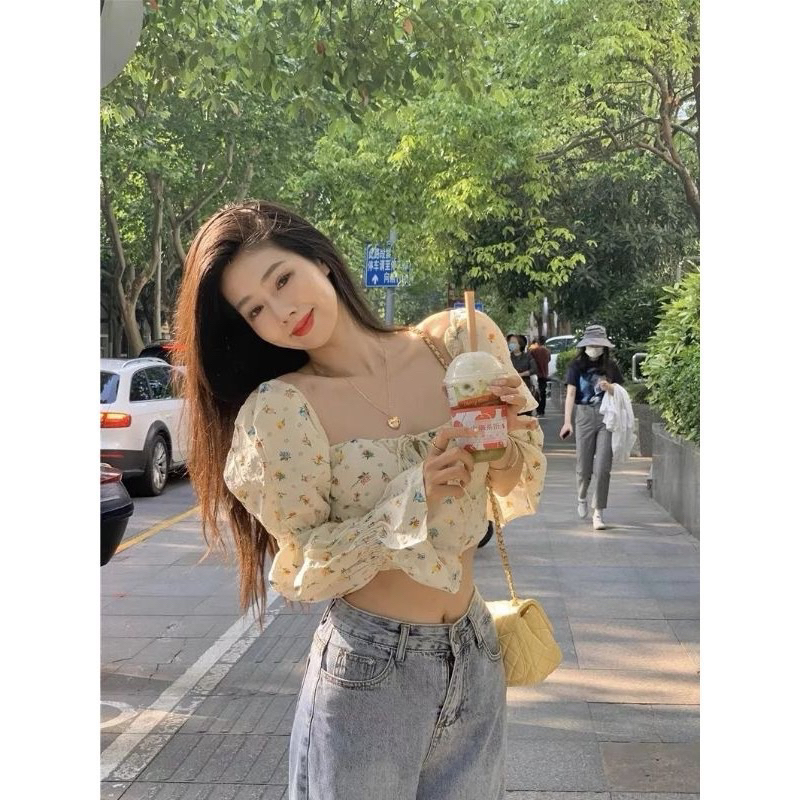 Áo bẹt vai  hoa nhí tay dài phồng cột nơ ngực - A3P