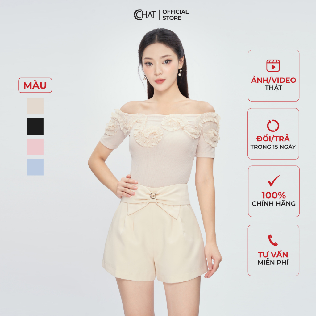 Áo Thun 𝐂𝐂𝐇𝐀𝐓 Kiểu Trễ Vai Phối Bèo Dáng Ôm Chất Vải Mềm Mịn Co Giãn 4 Chiều 13TNC8002OT