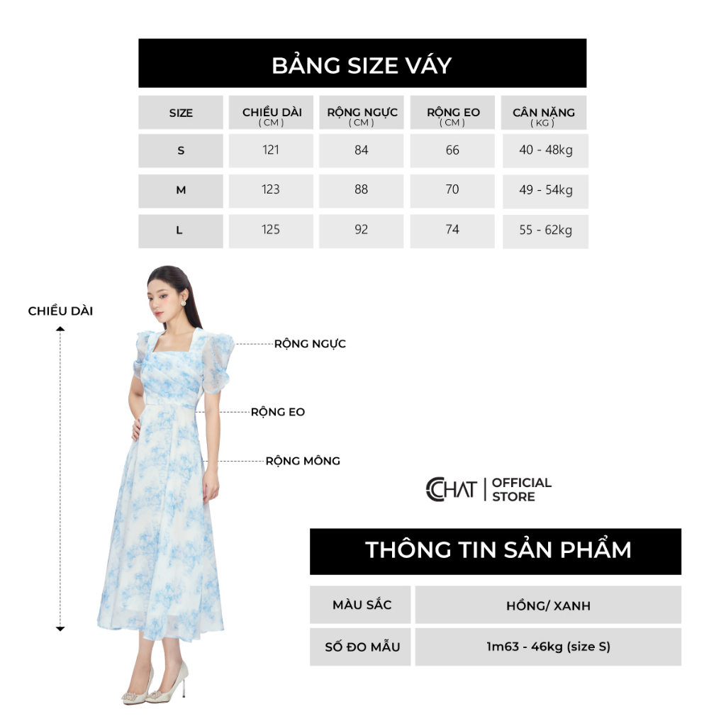 Đầm Nữ 𝐂𝐂𝐇𝐀𝐓 Họa Tiết Dáng Xòe Xếp Ly Ngực Chất Voan Cao Cấp Thanh Lịch 13VNV5009XT