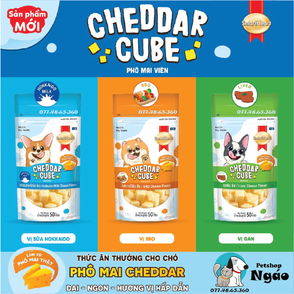 Bánh Thưởng Cho Chó Bánh Phô Mai Viên Smartheart Cheddar Cube Gói 50G __