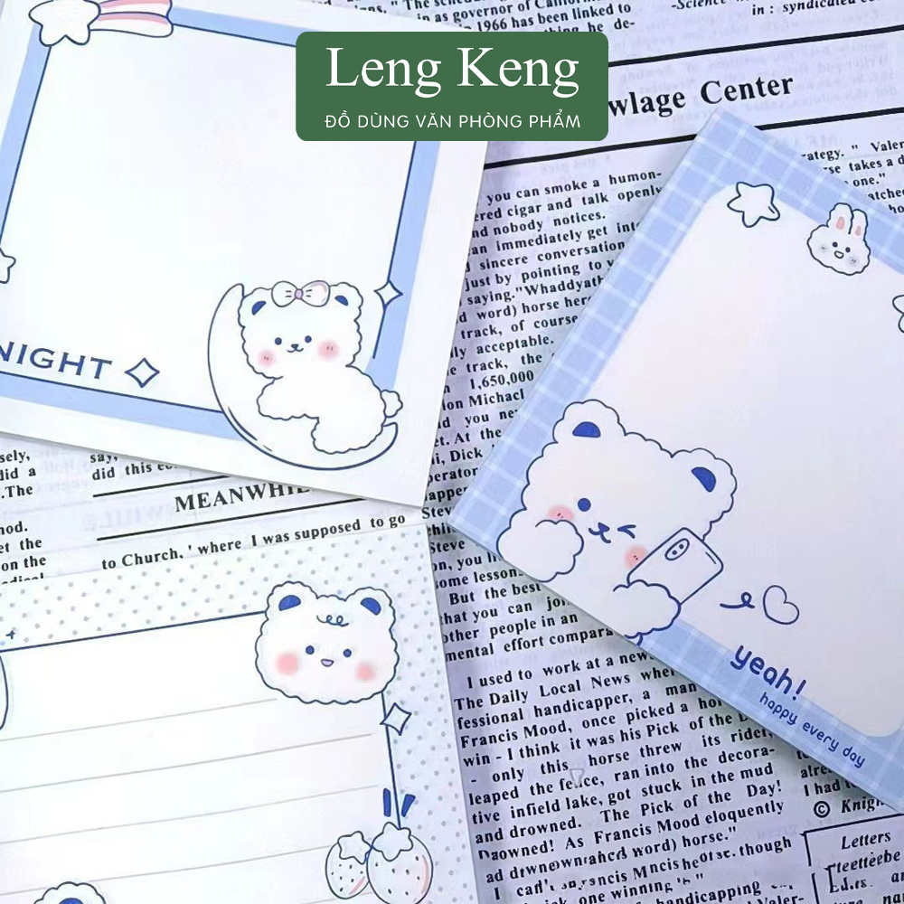 Giấy note Leng Keng giấy nhớ 80 tờ hình gấu dễ thương có keo dán sẵn No09