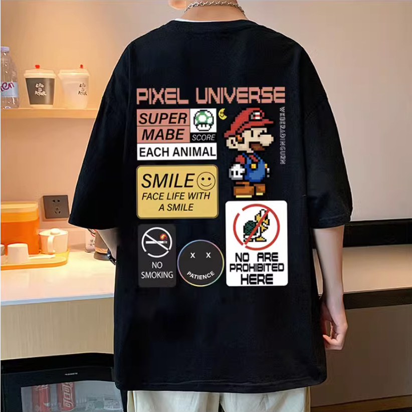 Áo Phông Hè PIXCEL MARIOO Cá Tính, Áo Phông Form Rộng Nam Nữ Tay Lỡ Sành Điệu Trẻ Trung 100% Cotton Khô Mềm Thoáng Khí