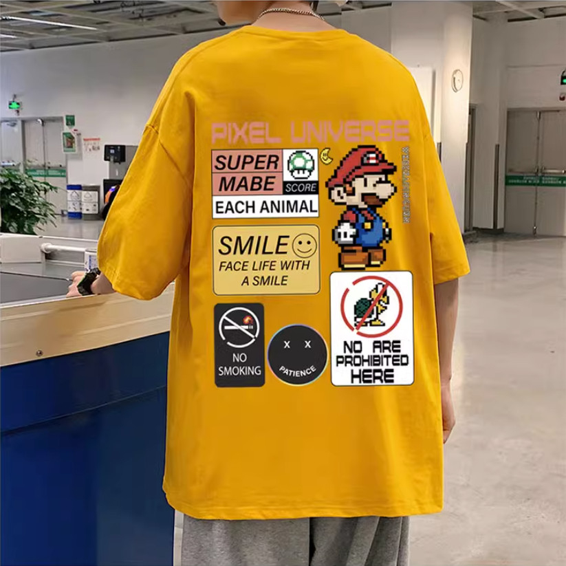 Áo Phông Hè PIXCEL MARIOO Cá Tính, Áo Phông Form Rộng Nam Nữ Tay Lỡ Sành Điệu Trẻ Trung 100% Cotton Khô Mềm Thoáng Khí