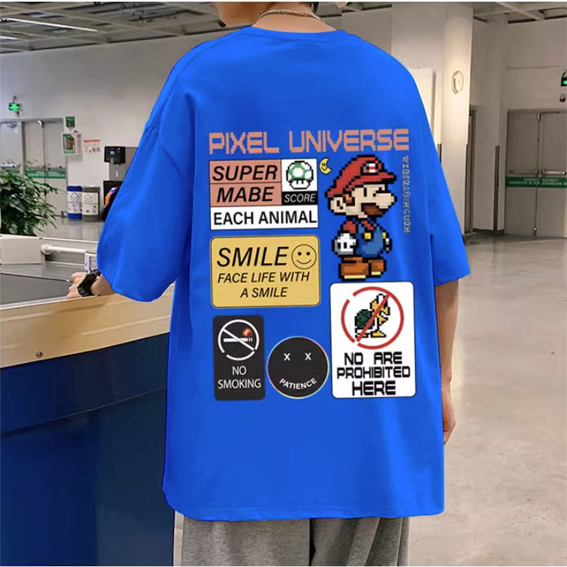 Áo Phông Hè PIXCEL MARIOO Cá Tính, Áo Phông Form Rộng Nam Nữ Tay Lỡ Sành Điệu Trẻ Trung 100% Cotton Khô Mềm Thoáng Khí