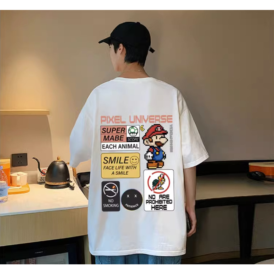 Áo Phông Hè PIXCEL MARIOO Cá Tính, Áo Phông Form Rộng Nam Nữ Tay Lỡ Sành Điệu Trẻ Trung 100% Cotton Khô Mềm Thoáng Khí