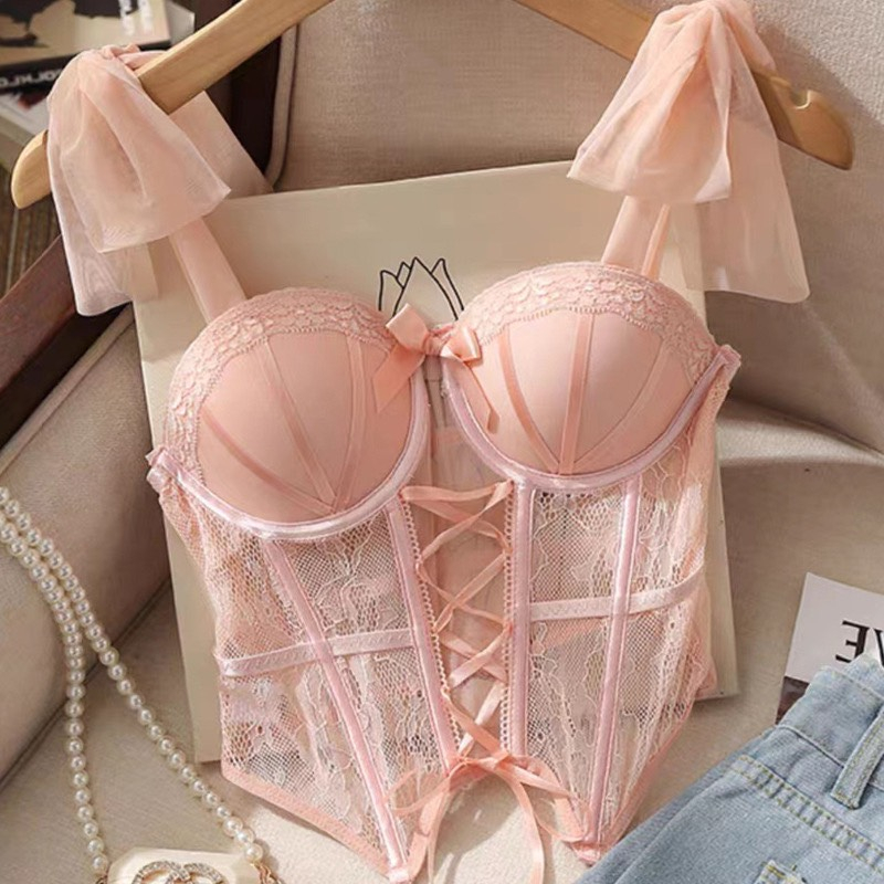 Áo bra ren 2 dây buộc nơ cao cấp LiuBra áo hai dây ren nữ nơ ngực có gọng thắt dây bụng