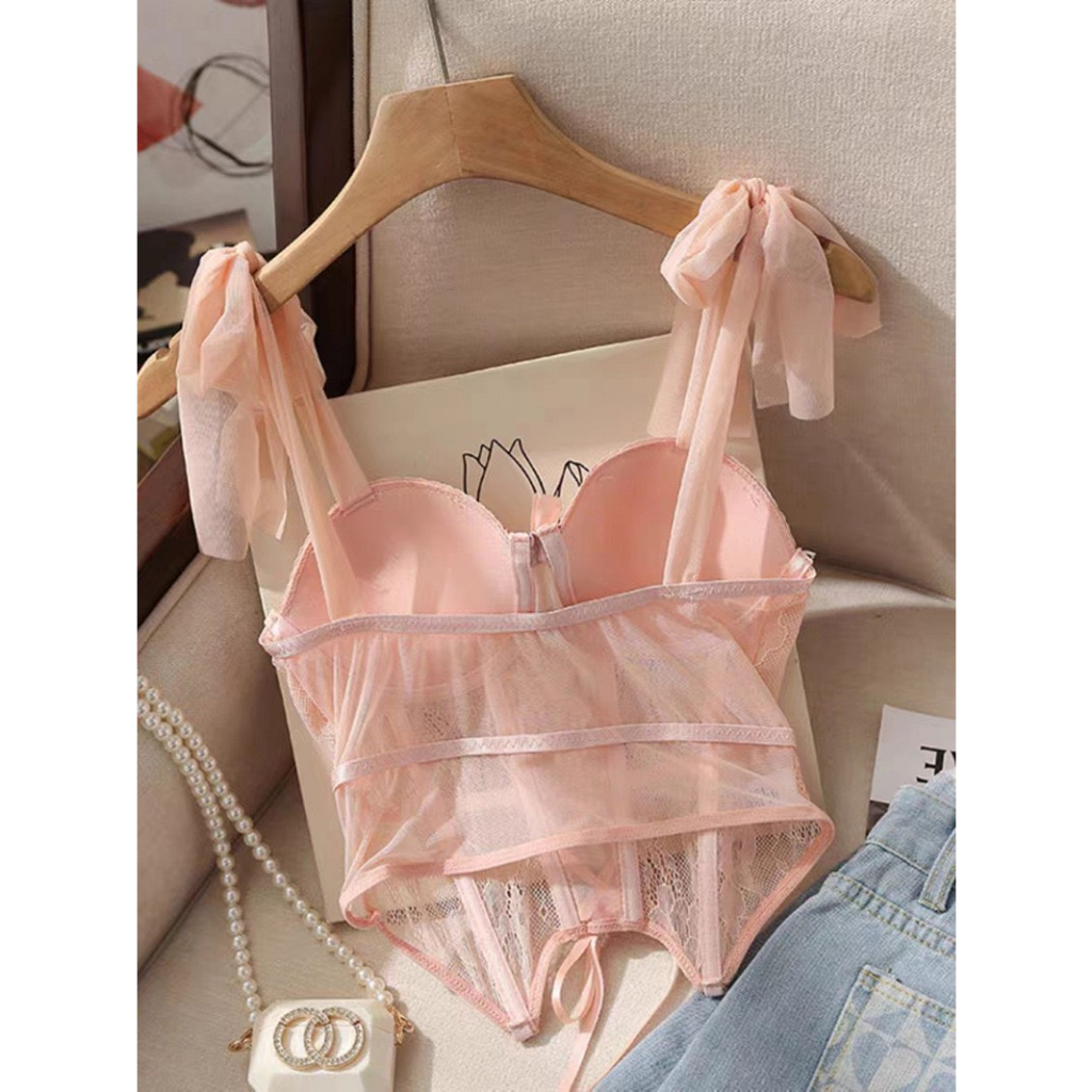 Áo bra ren 2 dây buộc nơ cao cấp LiuBra áo hai dây ren nữ nơ ngực có gọng thắt dây bụng