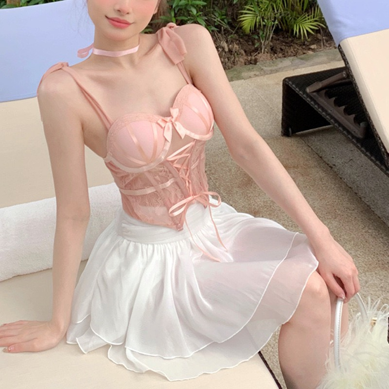 Áo bra ren 2 dây buộc nơ cao cấp LiuBra áo hai dây ren nữ nơ ngực có gọng thắt dây bụng