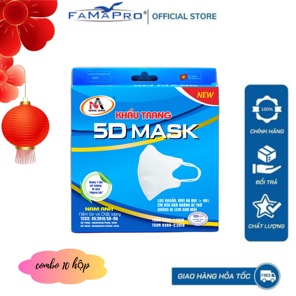 [COMBO 10  HỘP 5D MASK QUAI THUN]  khẩu trang y tế kháng khuẩn 3 lớp Famapro 5D Mask hộp 10 cái