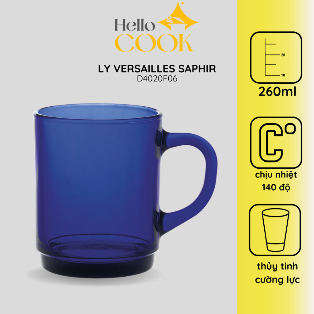 Bộ 6 ly có quai thủy tinh cường lực cao cấp Pháp D4020F- Versailles Xanh Saphir 260ml