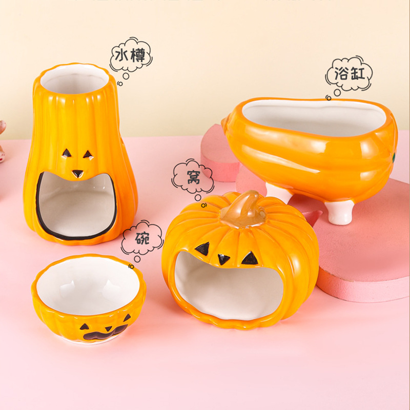 Bộ Halloween Bí ngô : nhà -chén- bồn tắm - đế bình nước bằng sứ dành cho hamster