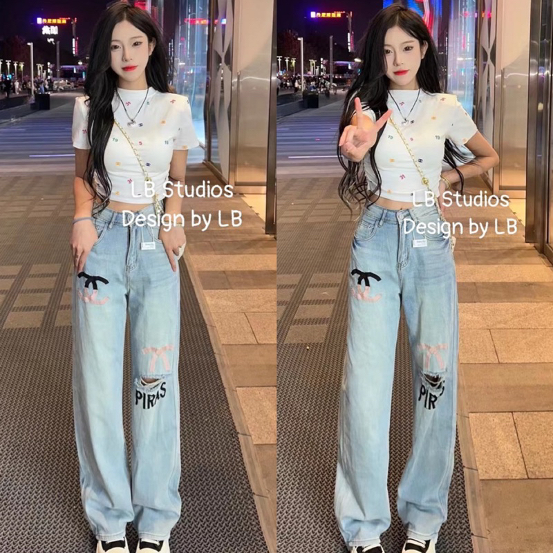 Áo Thun Croptop Nhún Eo In Logo Chữ Số Nhiều Màu