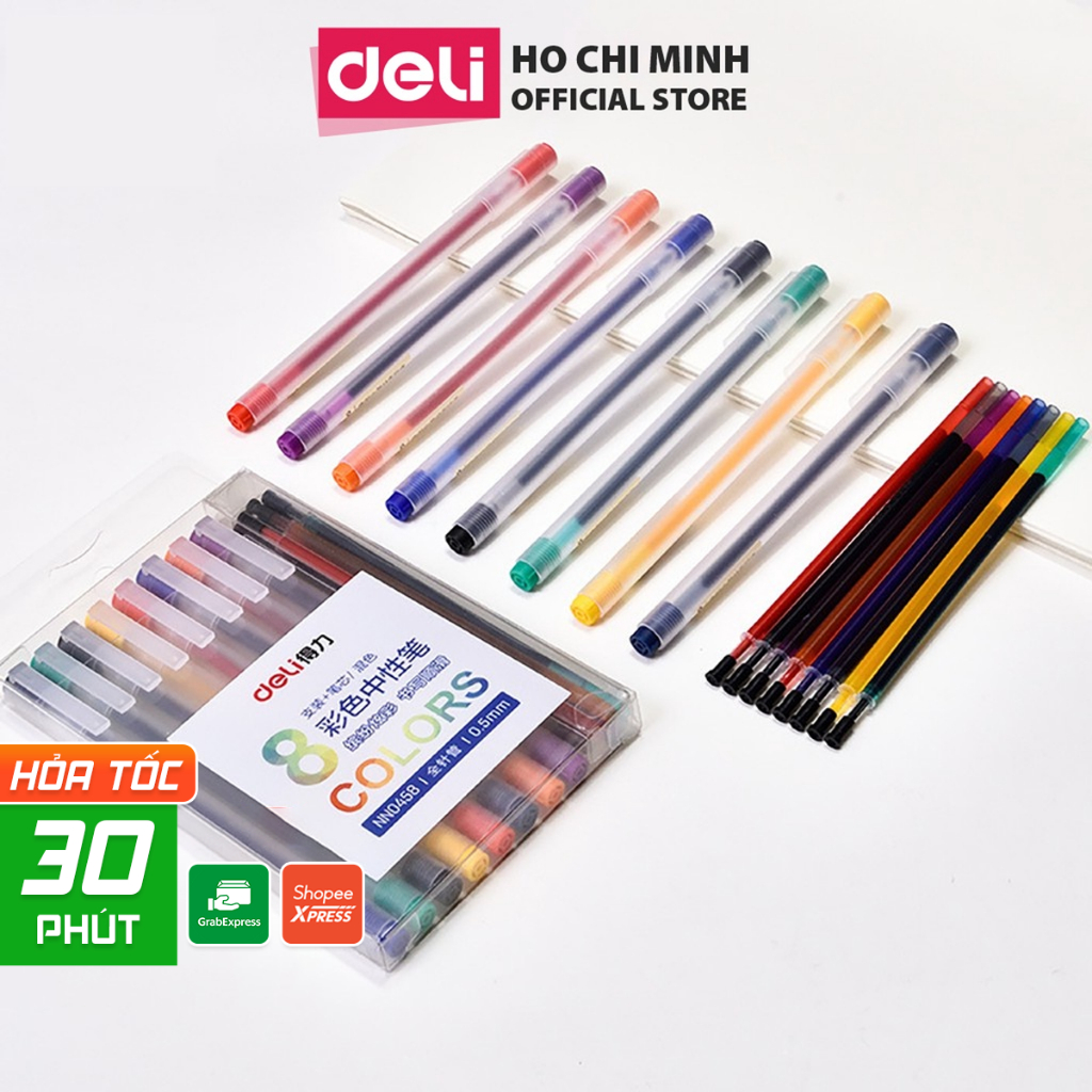 [LIFEMC02BPABAU -10% đơn 250K] Set bút gel nhiều màu Deli – 8 màu kèm 8 ống mực thay thế - 33160