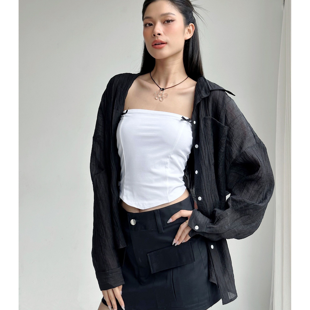 Áo sơ mi nữ tay dài EAGER dáng rộng voan họa tiết sọc Clara Shirt