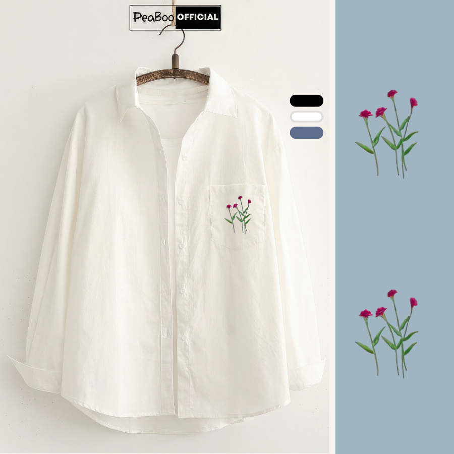 Áo Sơ Mi Nữ, Sơ Mi Nam Nữ Dài Tay Unisex By PEABOO Mã SM In hình Hoa Cỏ May Chất Đũi Xước Có Túi Ngực Form Rộng