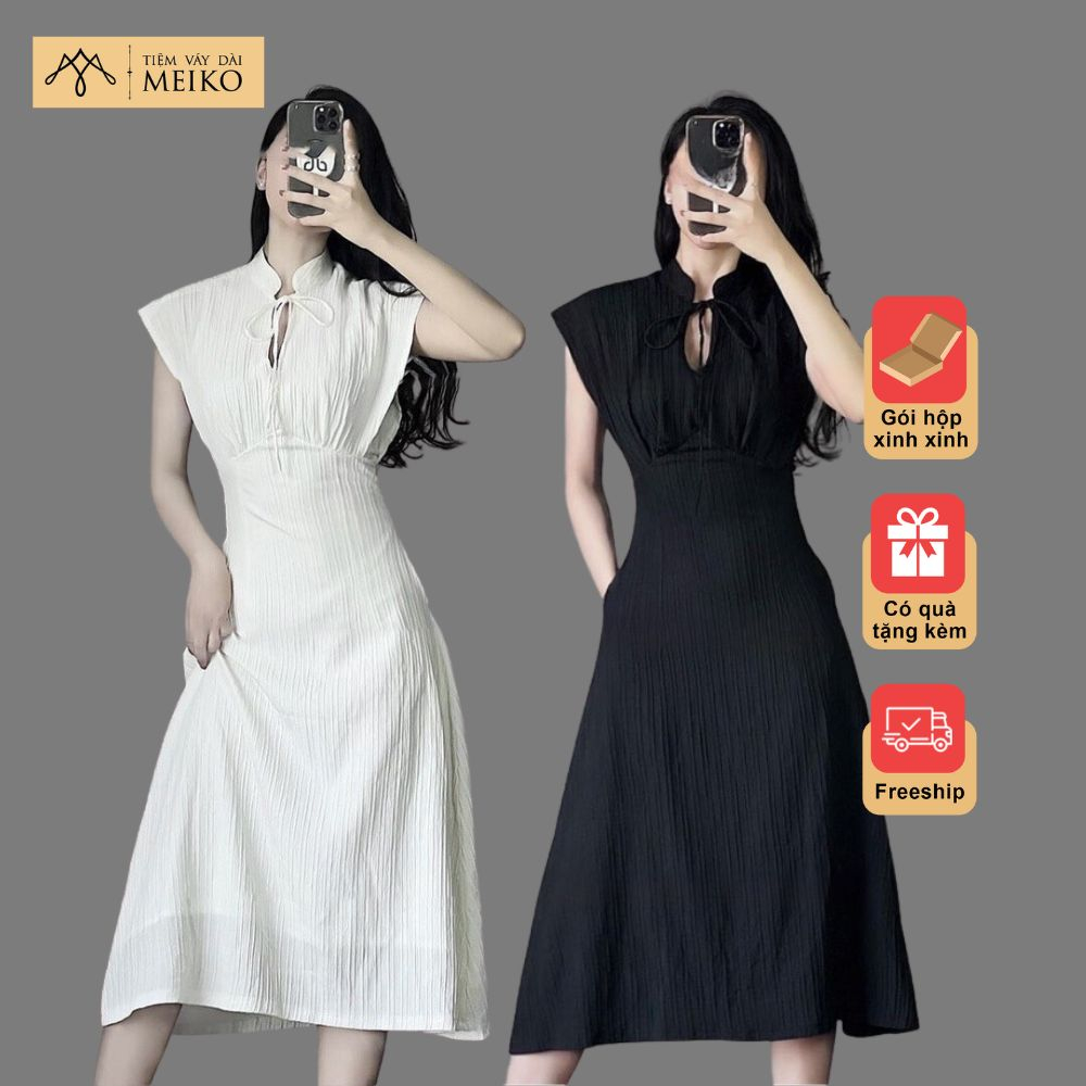 ĐẦM TRẮNG DÀI, TAY LIỀN CỔ TÀU DÂY BUỘC 2 LỚP [GÓI HỘP CHỈNH CHU]
