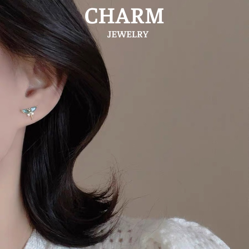 Khuyên Tai Hình Chuồn Chuồn Đính Đá Zircon Xanh Màu Bạc