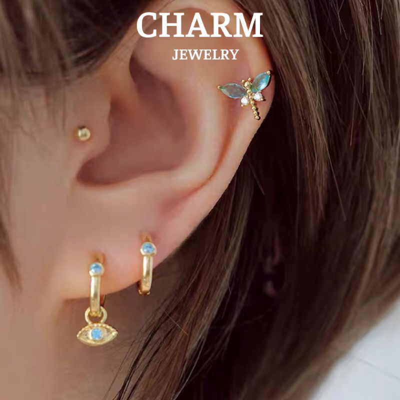 Khuyên Tai Hình Chuồn Chuồn Đính Đá Zircon Xanh Màu Bạc