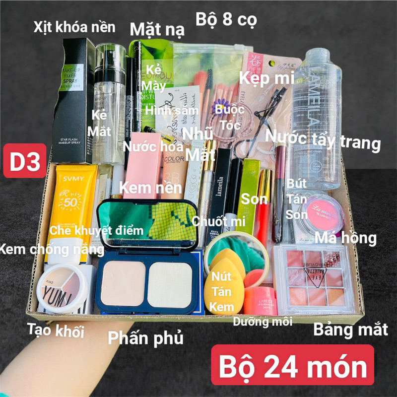 Gồm Đầy Đủ kem nền,phấn phủ,che khuyết điểm,tạo khối,má hồng,nhũ mắt,bảng mắt,son,sét cọ,....