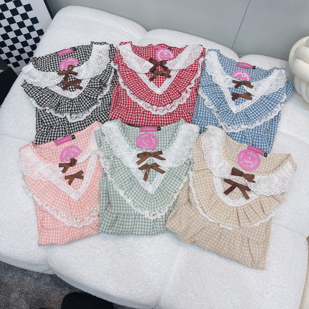 Bộ Mặc Nhà Pijama Tiểu Thư Kẻ Caro Nhỏ Ren Bèo Áo Dài Quần Dài Siêu Sang Chảnh Thời Trang Thu Đông Cho Nữ