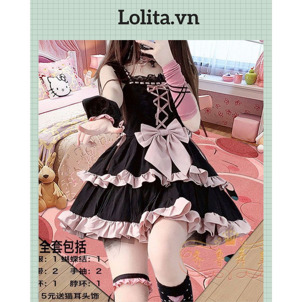 Váy/Đầm JSK lolita hai dây phối ren xếp ly ngọt ngào (Kèm ảnh thật)