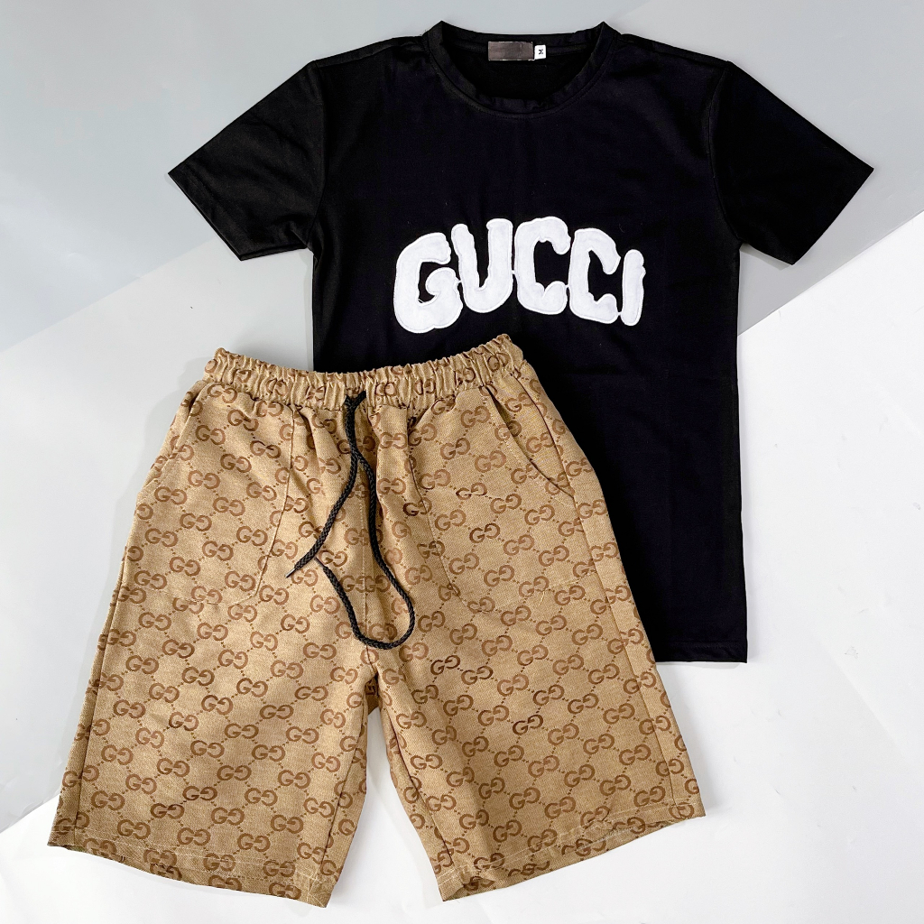 Bộ quần áo GC nam, bộ quần áo cổ tròn tay ngắn thêu chữ GC ngực, chất cotton mềm mịn thoáng mát