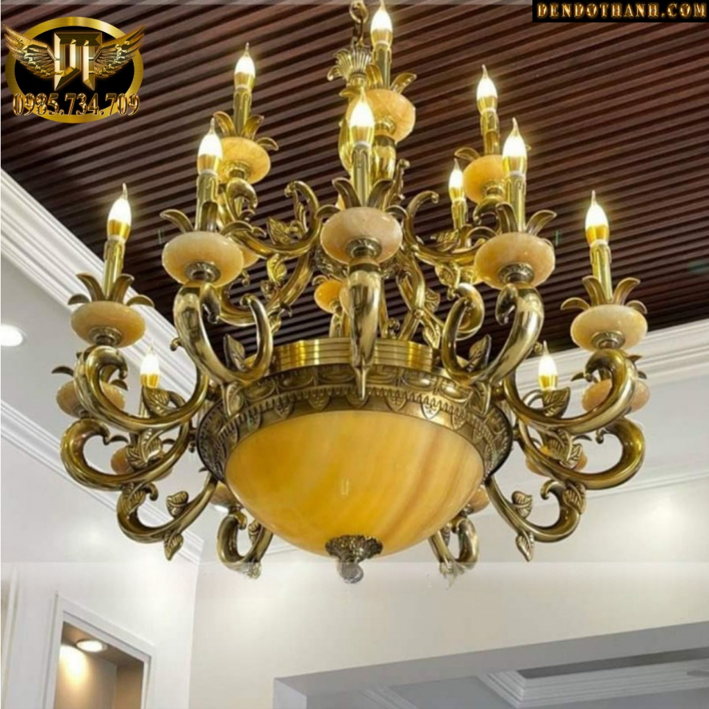 Đèn chùm đồng xịn tay nến cao cấp, trang trí phù hợp không gian cổ trần gỗ, phìng thờ nhà chùa 18 tay nến DDT LIGHT