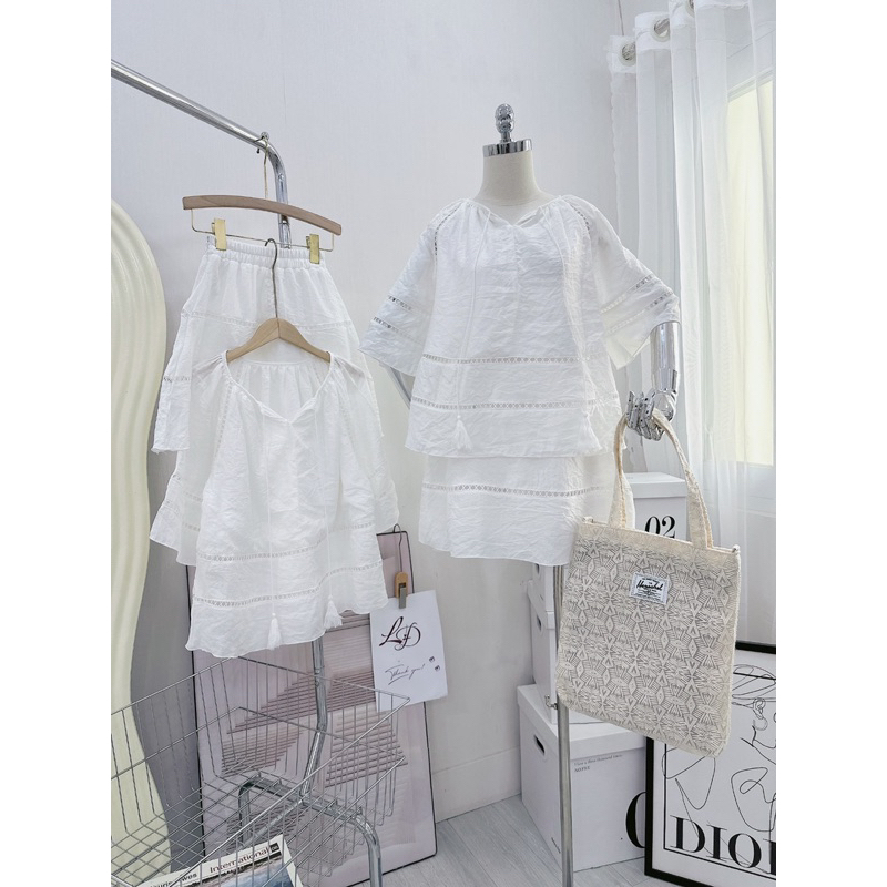 SET ÁO BBD TRẮNG VIỀN REN NHĂN TAY LOE + CHÂN VÁY CHẠY REN