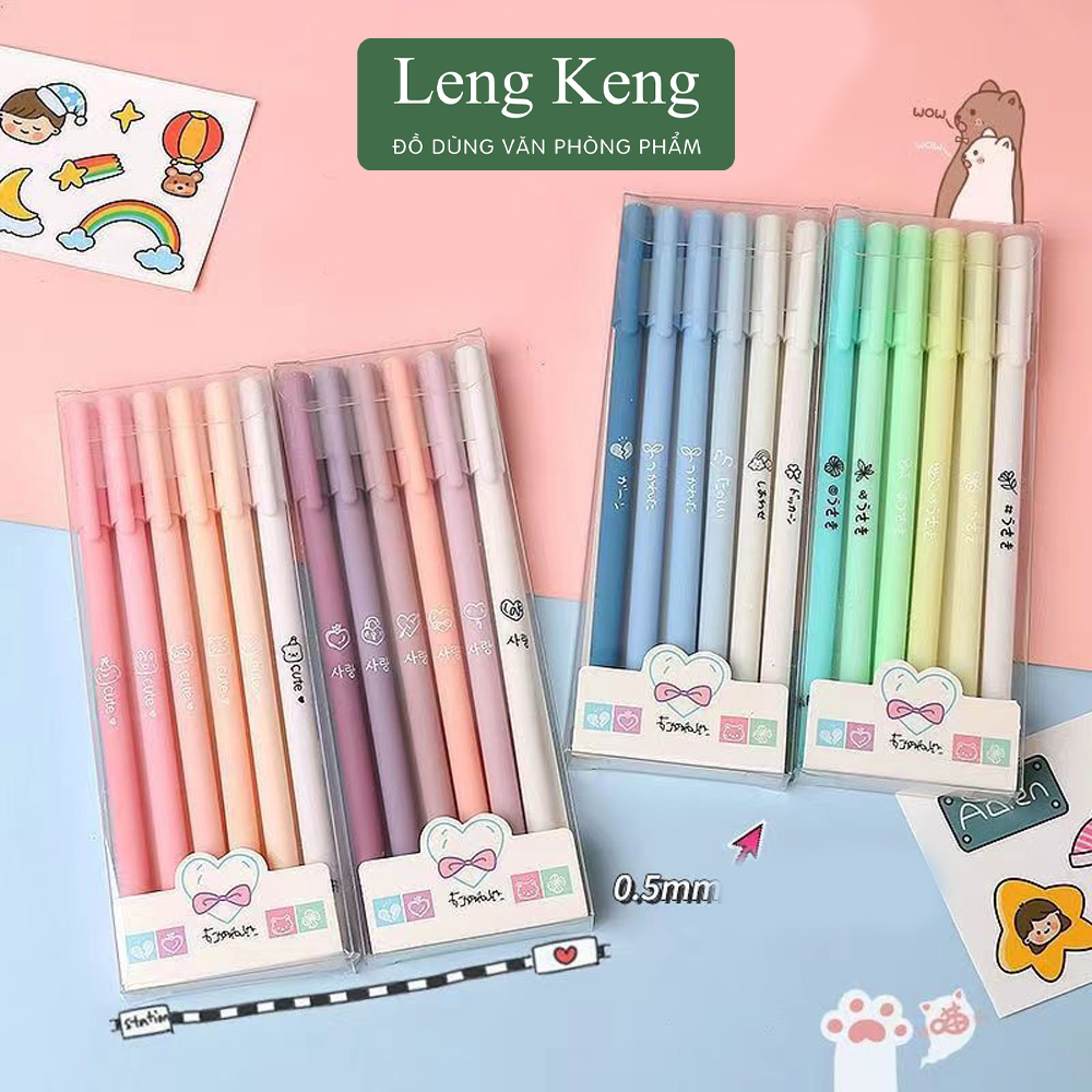 Bộ 6 bút bi nước văn phòng phẩm Leng Keng vỏ màu retro, moranđi ngòi 0.5 mm mực đều viết chữ đẹp B07
