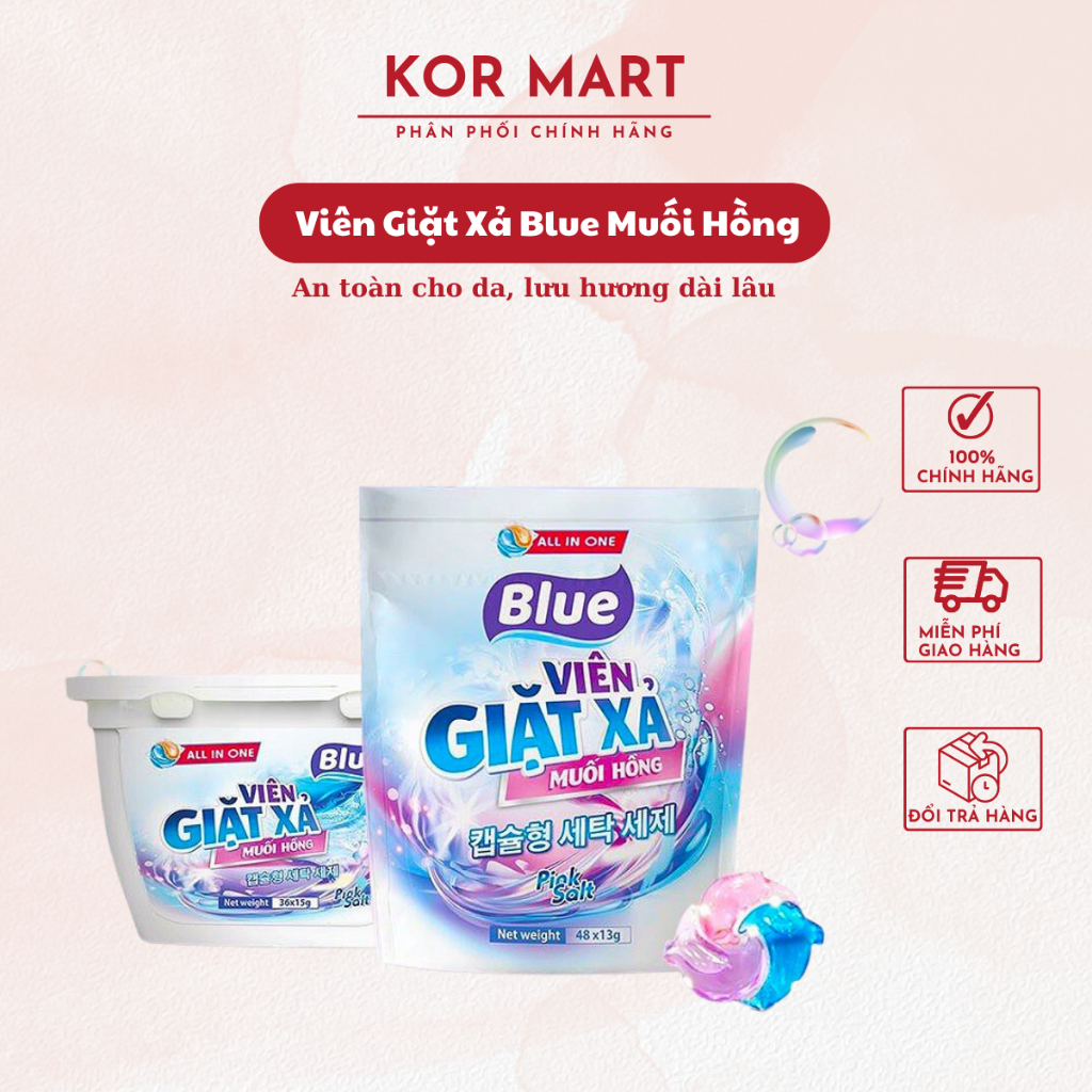 Viên Giặt Xả Blue Muối Hồng hộp 36 viên công nghệ chống bạc màu, an toàn cho da, lưu hương dài lâu