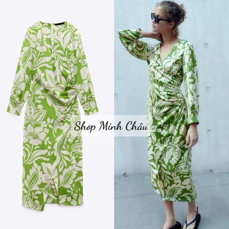 (Sẵn)Váy midi lụa vạt chéo hoạ tiết xanh cốm Zarraaa