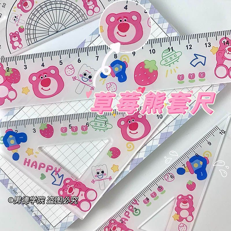 Bộ 4 món thước kẻ, ê ke và đo độ nhựa acrylic hoạ tiết Gấu Dâu Lotso, Cinnamoroll, Kuromi, Pochacco, Shin tiện lợi
