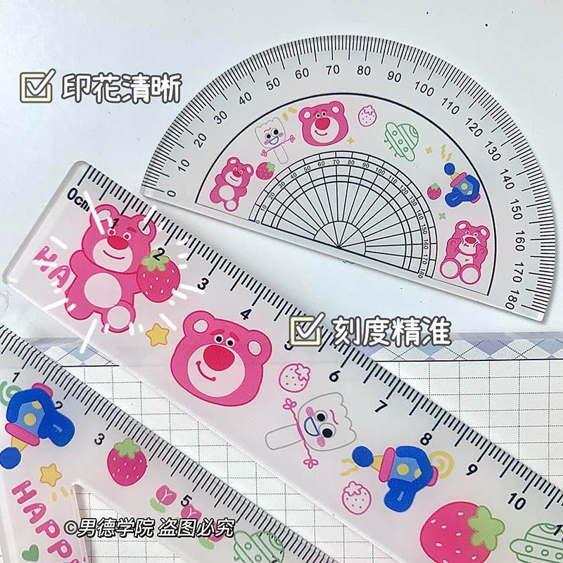 Bộ 4 món thước kẻ, ê ke và đo độ nhựa acrylic hoạ tiết Gấu Dâu Lotso, Cinnamoroll, Kuromi, Pochacco, Shin tiện lợi