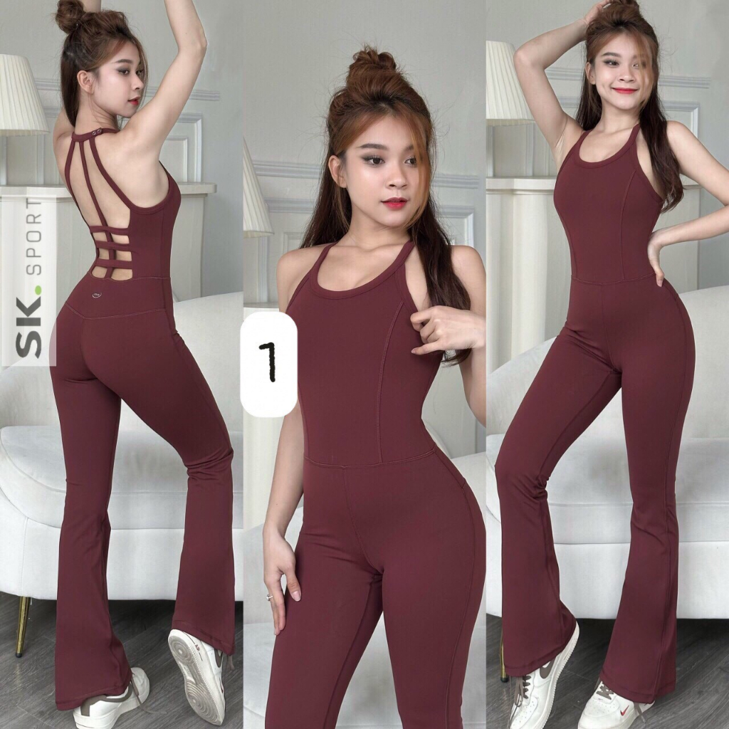 Set đồ tập gym yoga thể thao nữ, bộ jumsuit liền thân ống loe đan dây chéo lưng kèm mút nhiều màu