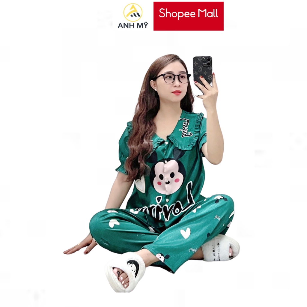 Đồ bộ nữ ANH MỸ pijama chất liệu lụa xước cao cấp tay ngắn quần dài xước bèo SP0064 official.anhmy